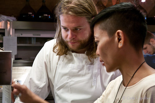 Magnus Nilsson studies the menu with sommelier Linda Violago