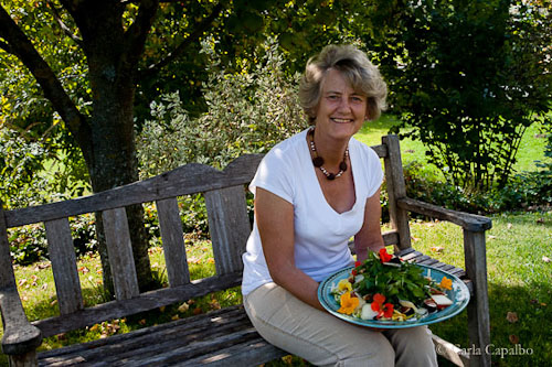 Sue Style in her garden with her home-grown salad