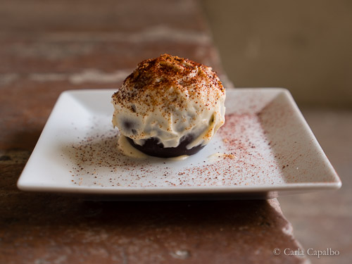 Peruvian tiramisù of chillies, Mescal and chocolate, sprinkled with ground agave worms, by Emilio Macìas