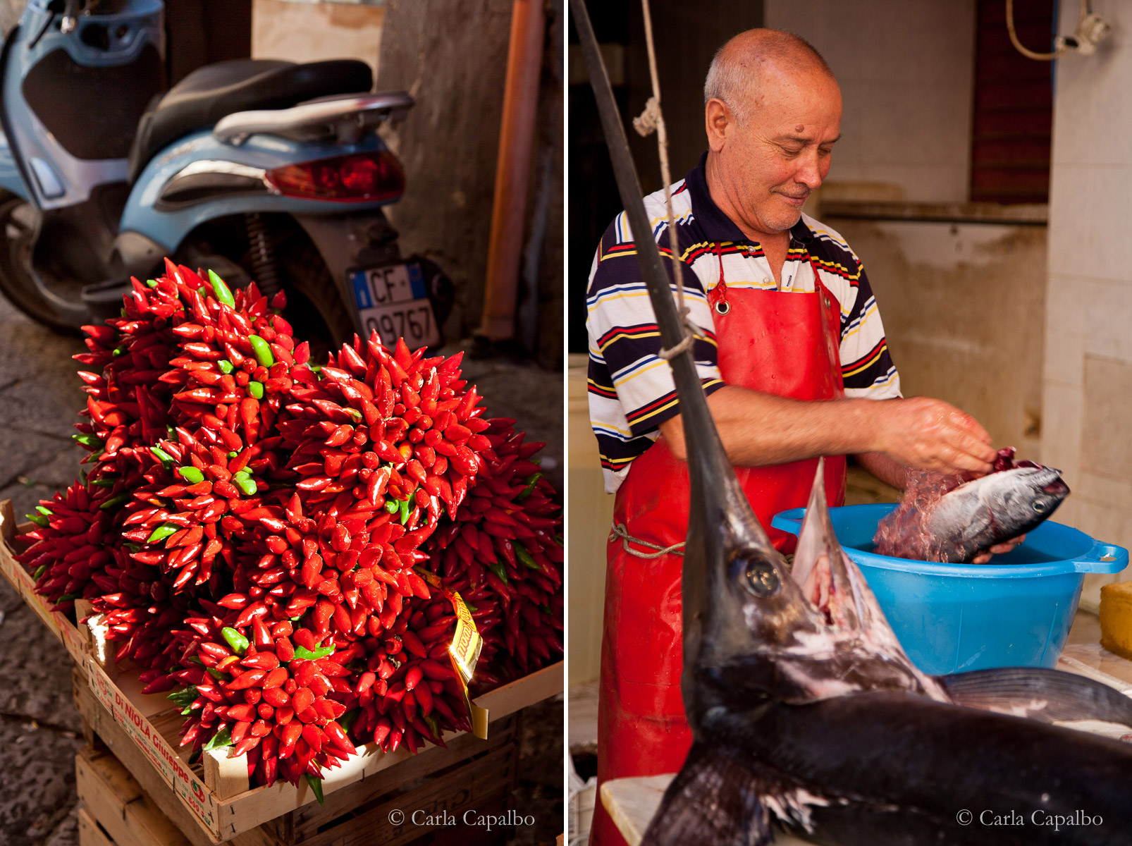 Chillies in Palermo market · Fish stall, Palermo Vucceria market, Sicily